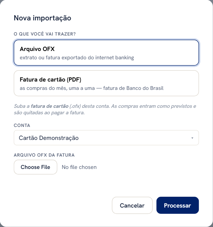 Janela Nova importação com uma conta de cartão de crédito escolhida no campo Conta.