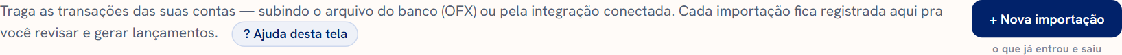 Cabeçalho da tela Importar, com o botão + Nova importação à direita e a legenda “o que já entrou e saiu” embaixo dele.