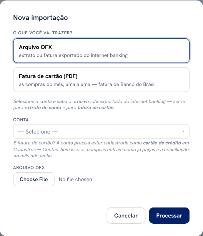 Janela Nova importação: a escolha entre Arquivo OFX e Fatura de cartão (PDF), o campo Conta, o campo Arquivo OFX e, no rodapé, os botões Cancelar e Processar.