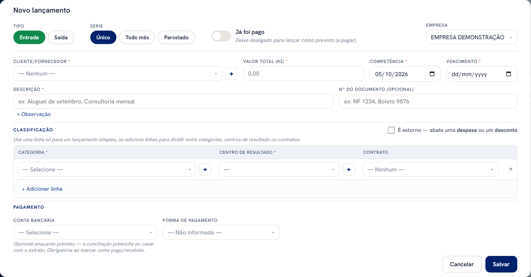 Janela Novo lançamento, com o tipo, a empresa, o cliente/fornecedor, as datas e a faixa Classificação.