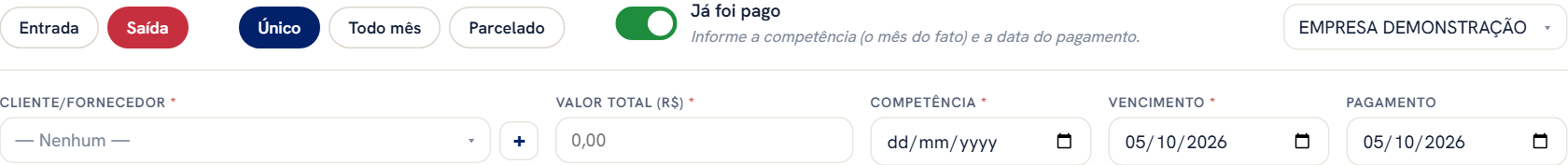 O alto da janela Novo lançamento com o interruptor Já foi pago ligado e a linha de datas com Competência, Vencimento e Pagamento.